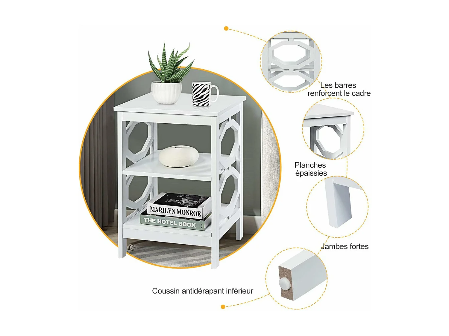 Lot de 2 Table de Chevet à 3 Niveaux, Table d'Appoint Chevet, Table Basse Simple et Contemporain, pour Chambre, Salon 40x40x61cm, Blanc