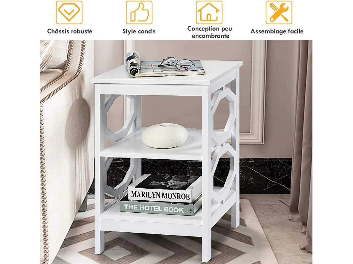 Lot de 2 Table de Chevet à 3 Niveaux, Table d'Appoint Chevet, Table Basse Simple et Contemporain, pour Chambre, Salon 40x40x61cm, Blanc
