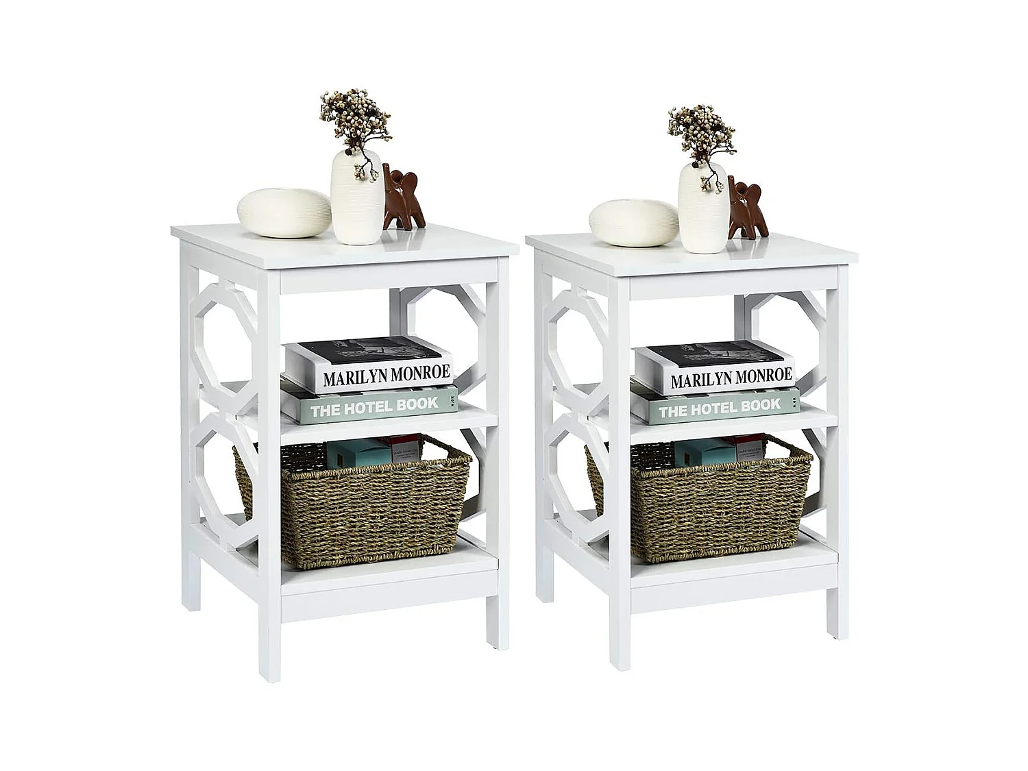 Lot de 2 Table de Chevet à 3 Niveaux, Table d'Appoint Chevet, Table Basse Simple et Contemporain, pour Chambre, Salon 40x40x61cm, Blanc