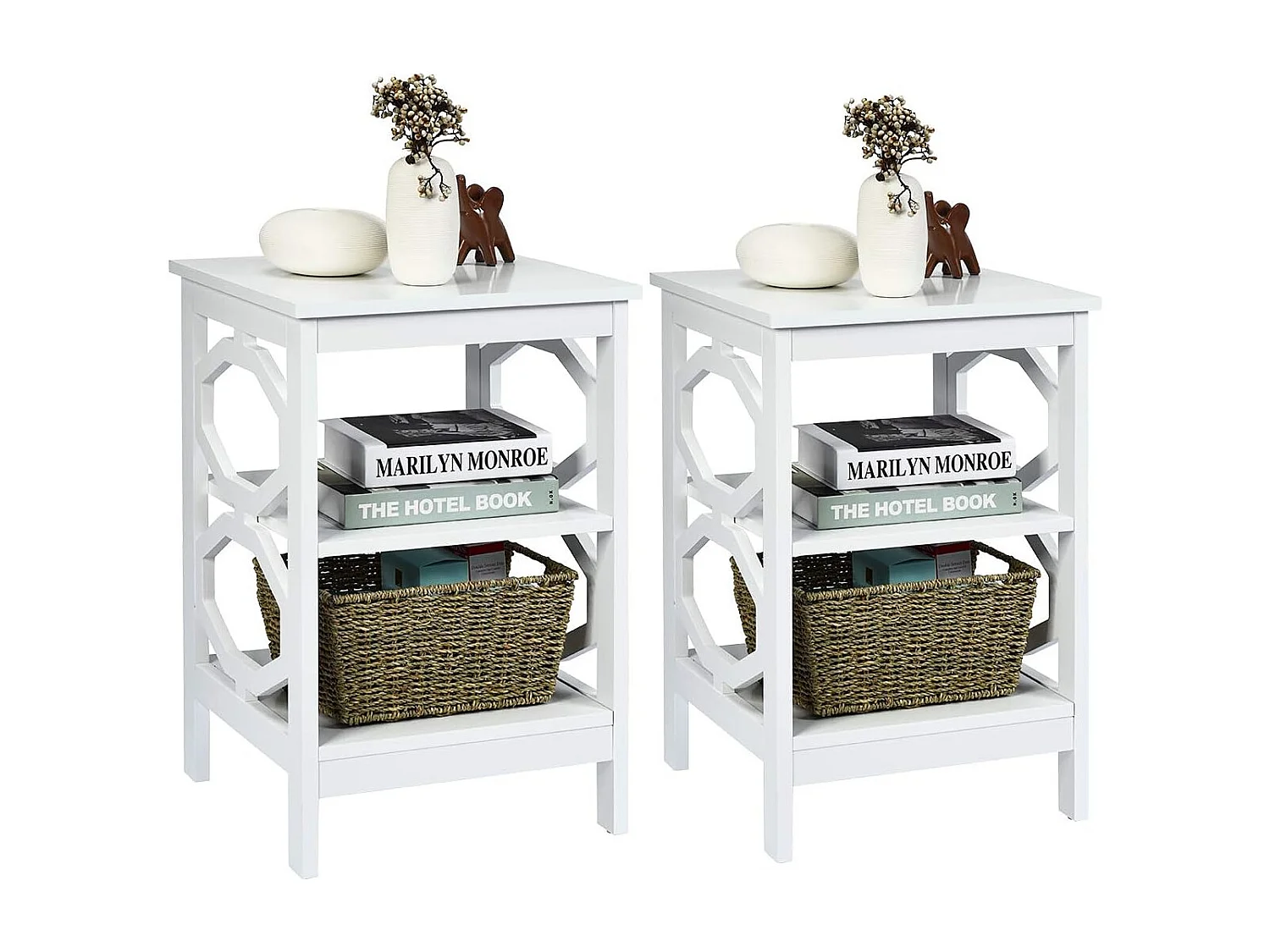 Lot de 2 Table de Chevet à 3 Niveaux, Table d'Appoint Chevet, Table Basse Simple et Contemporain, pour Chambre, Salon 40x40x61cm, Blanc