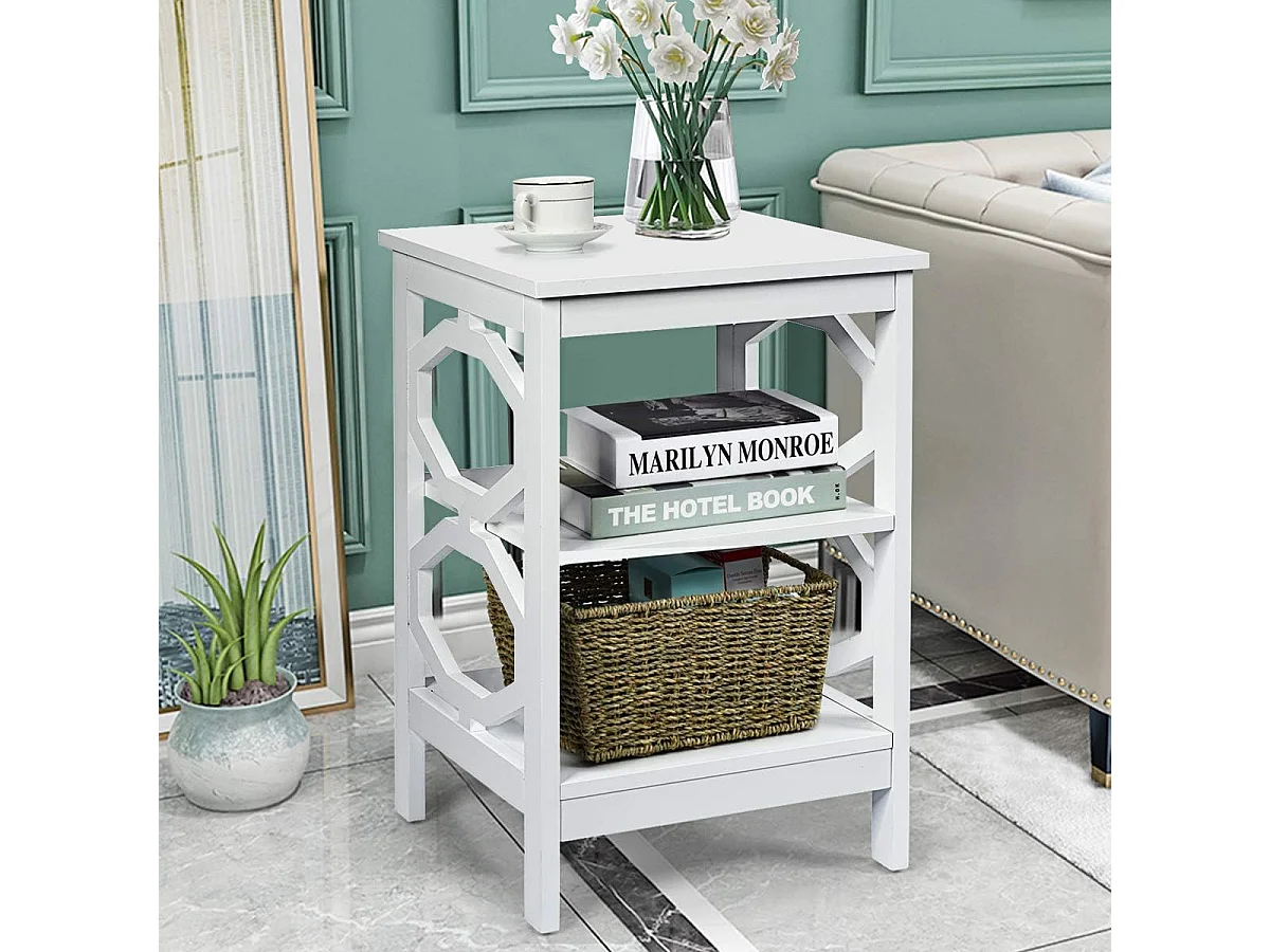 Lot de 2 Table de Chevet à 3 Niveaux, Table d'Appoint Chevet, Table Basse Simple et Contemporain, pour Chambre, Salon 40x40x61cm, Blanc