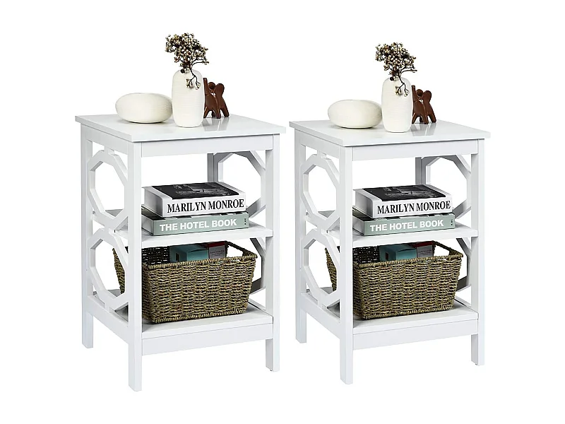 Lot de 2 Table de Chevet à 3 Niveaux, Table d'Appoint Chevet, Table Basse Simple et Contemporain, pour Chambre, Salon 40x40x61cm, Blanc
