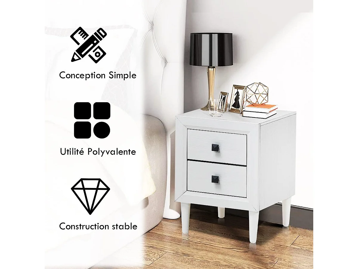 Table de Chevet Moderne avec 2 Tiroirs, 40 x 39,5 x 55 CM,Table de Nuitavec Pieds en Bois Massif et Poignées, Blanc