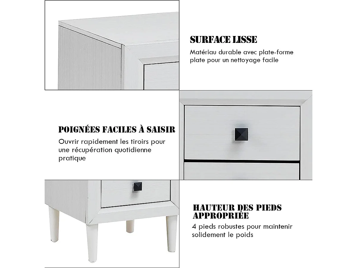 Table de Chevet Moderne avec 2 Tiroirs, 40 x 39,5 x 55 CM,Table de Nuitavec Pieds en Bois Massif et Poignées, Blanc