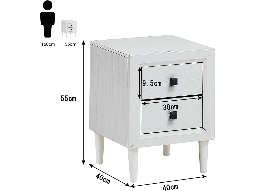 Table de Chevet Moderne avec 2 Tiroirs, 40 x 39,5 x 55 CM,Table de Nuitavec Pieds en Bois Massif et Poignées, Blanc