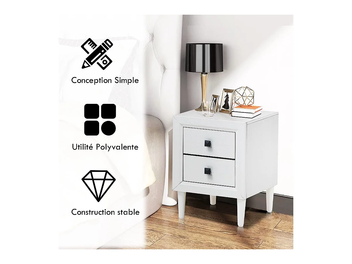 Table de Chevet Moderne avec 2 Tiroirs, 40 x 39,5 x 55 CM,Table de Nuitavec Pieds en Bois Massif et Poignées, Blanc