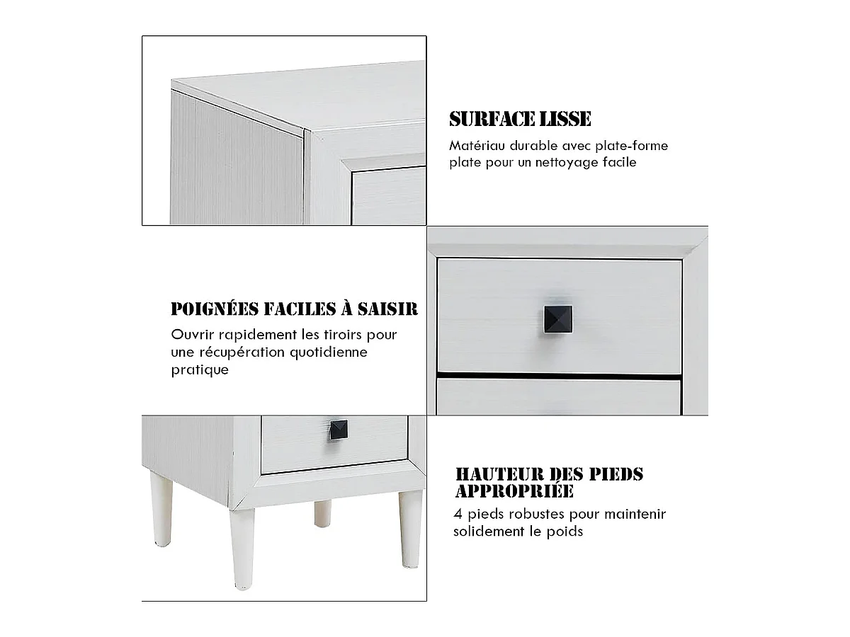 Table de Chevet Moderne avec 2 Tiroirs, 40 x 39,5 x 55 CM,Table de Nuitavec Pieds en Bois Massif et Poignées, Blanc