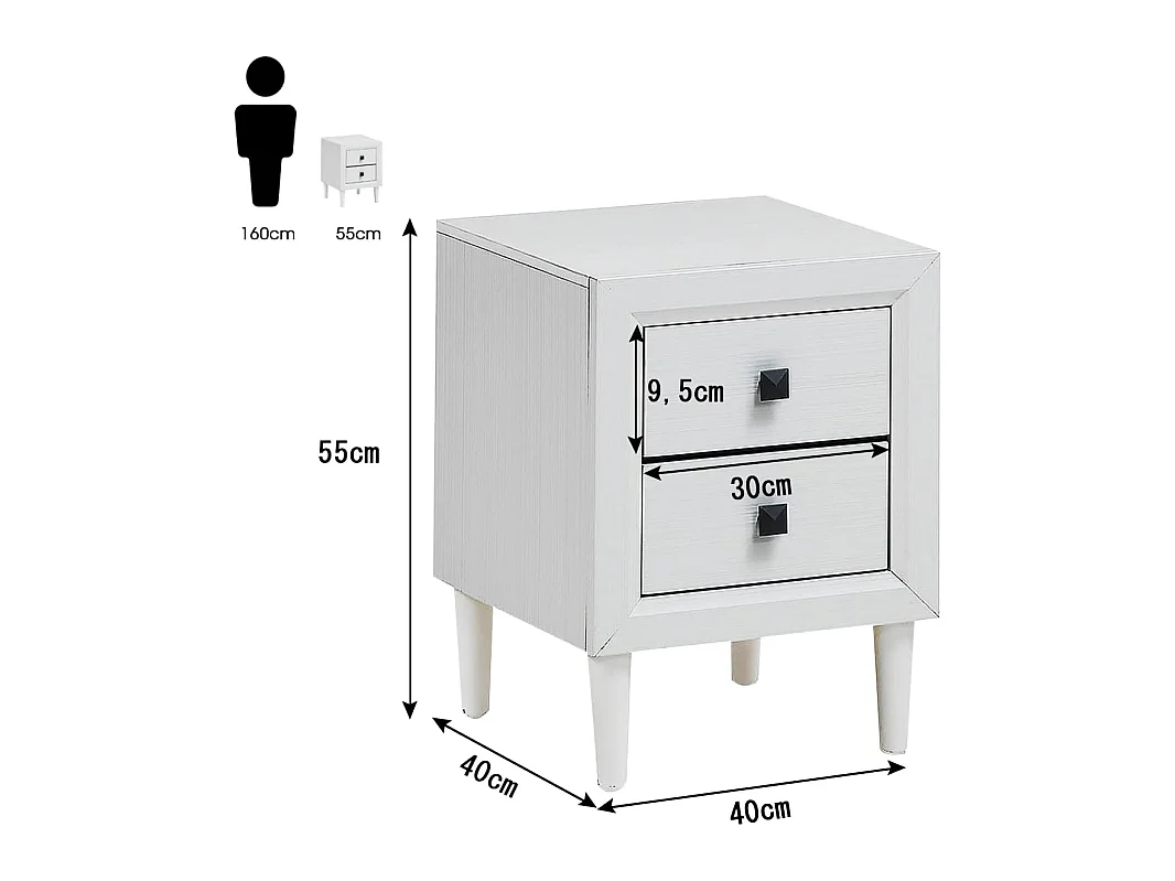 Table de Chevet Moderne avec 2 Tiroirs, 40 x 39,5 x 55 CM,Table de Nuitavec Pieds en Bois Massif et Poignées, Blanc