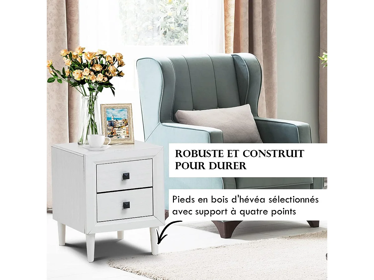 Table de Chevet Moderne avec 2 Tiroirs, 40 x 39,5 x 55 CM,Table de Nuitavec Pieds en Bois Massif et Poignées, Blanc