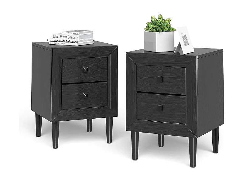 Lot de 2 Tables de Chevet Moderne avec 2 Tiroirs, 40 x 39,5 x 55 CM, avec Pieds en Bois Massif et Poignées, Noir