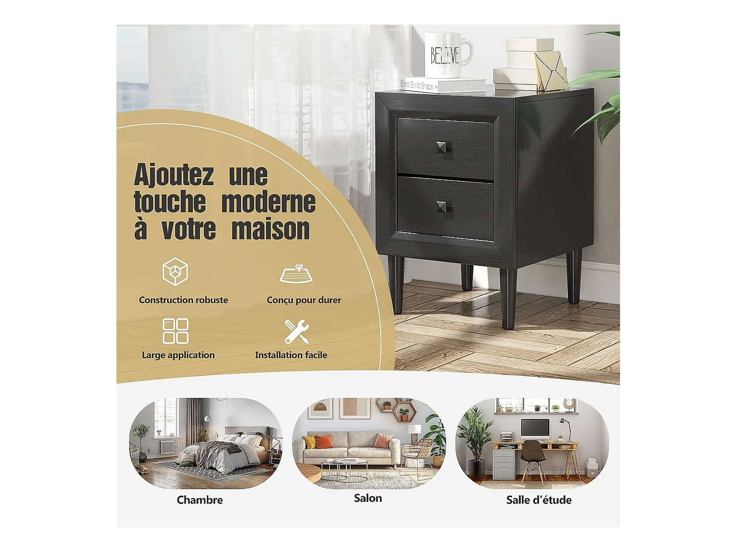 Lot de 2 Tables de Chevet Moderne avec 2 Tiroirs, 40 x 39,5 x 55 CM, avec Pieds en Bois Massif et Poignées, Noir