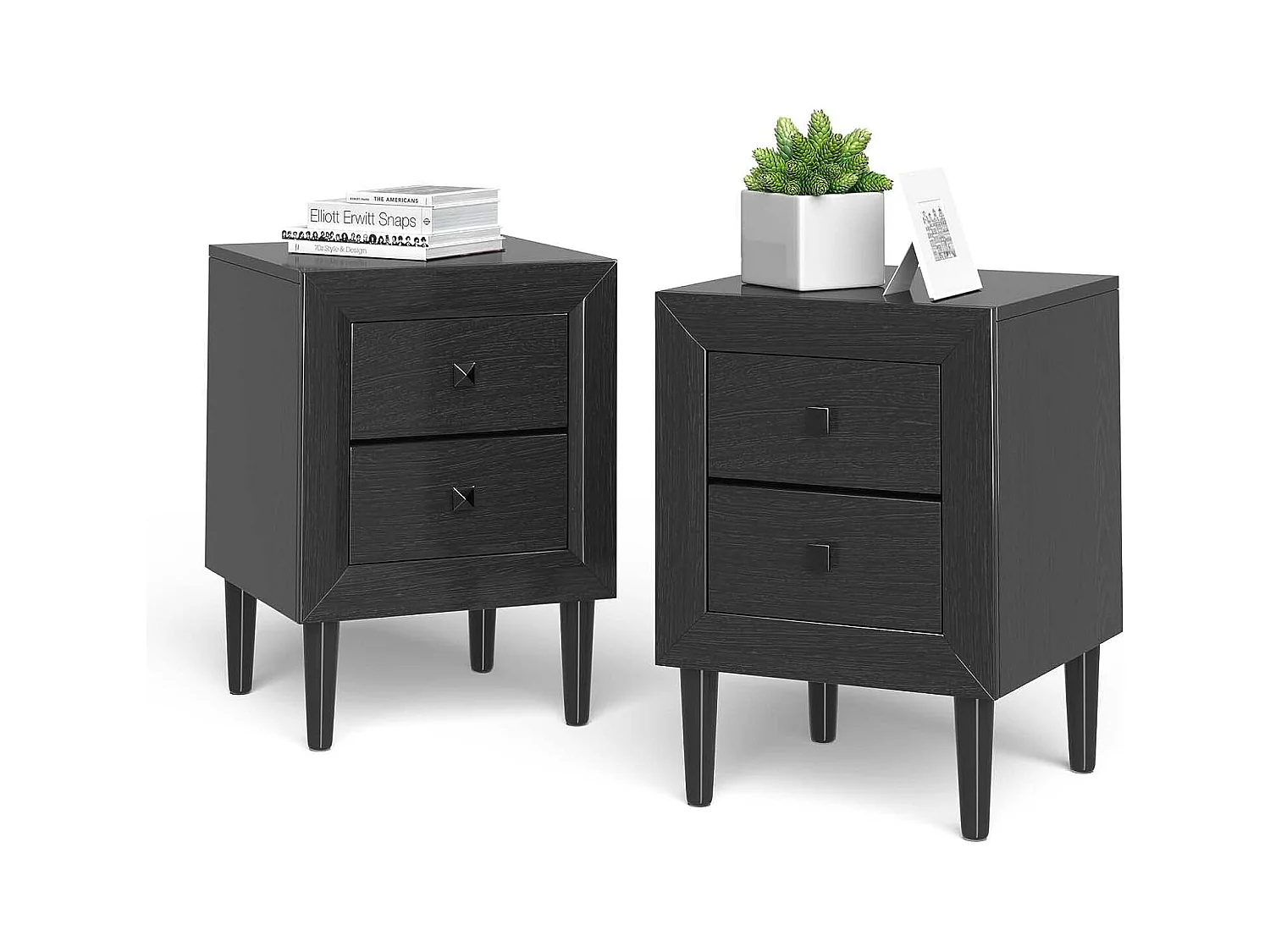 Set van 2 moderne nachtkastjes met 2 lades, 40 x 39,5 x 55 cm, met poten en handgrepen van massief hout, zwart