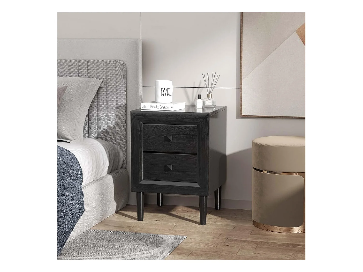 Lot de 2 Tables de Chevet Moderne avec 2 Tiroirs, 40 x 39,5 x 55 CM, avec Pieds en Bois Massif et Poignées, Noir