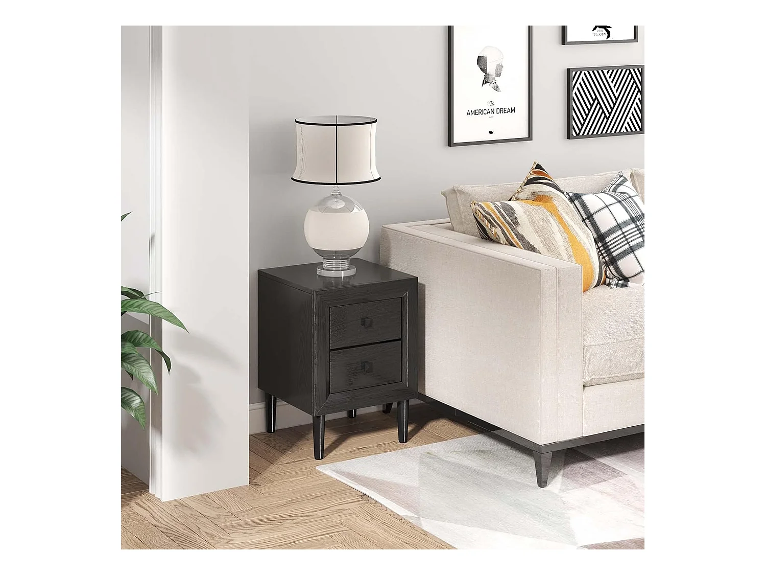 Lot de 2 Tables de Chevet Moderne avec 2 Tiroirs, 40 x 39,5 x 55 CM, avec Pieds en Bois Massif et Poignées, Noir