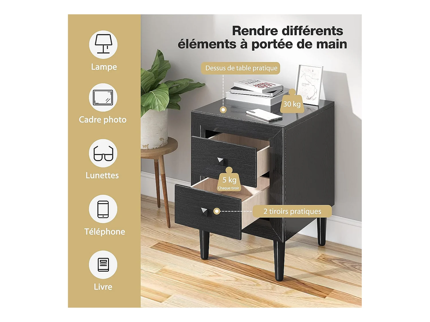 Lot de 2 Tables de Chevet Moderne avec 2 Tiroirs, 40 x 39,5 x 55 CM, avec Pieds en Bois Massif et Poignées, Noir