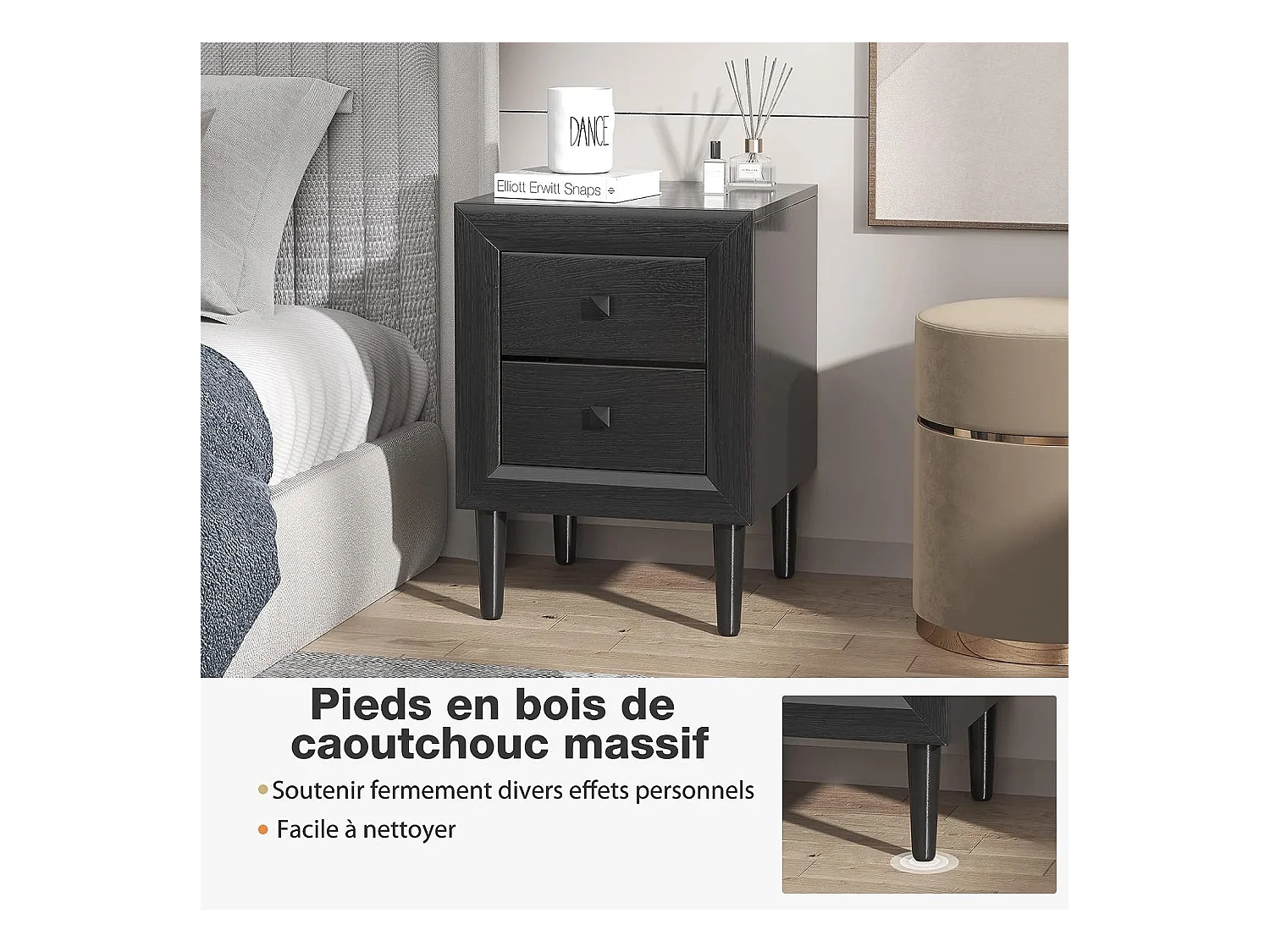 Lot de 2 Tables de Chevet Moderne avec 2 Tiroirs, 40 x 39,5 x 55 CM, avec Pieds en Bois Massif et Poignées, Noir