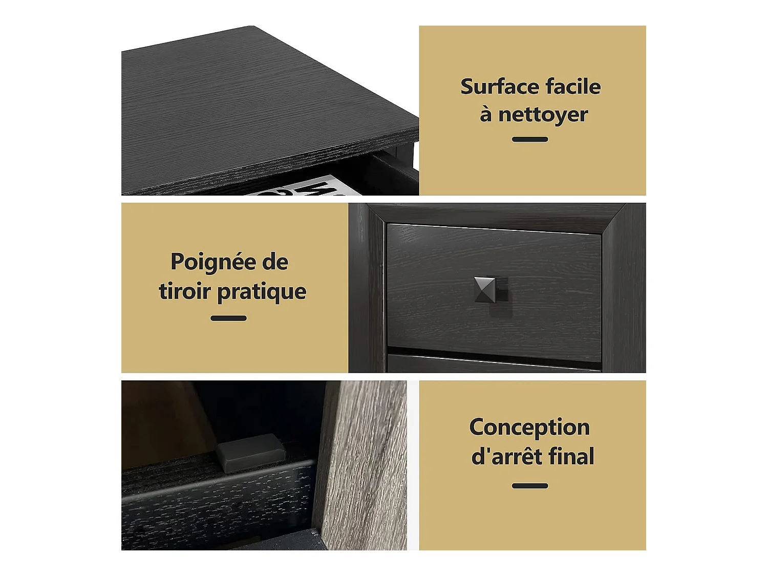 Lot de 2 Tables de Chevet Moderne avec 2 Tiroirs, 40 x 39,5 x 55 CM, avec Pieds en Bois Massif et Poignées, Noir