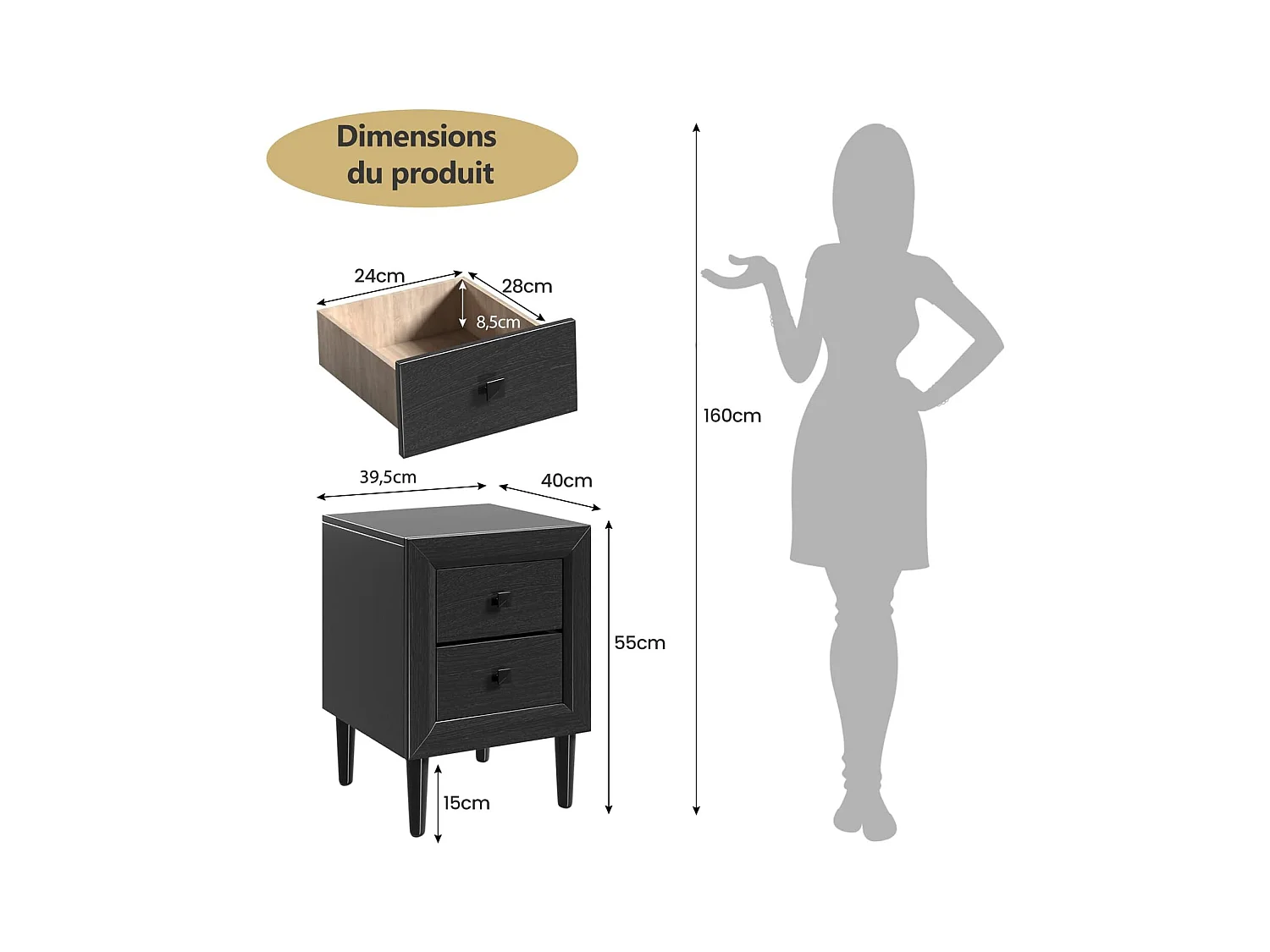Lot de 2 Tables de Chevet Moderne avec 2 Tiroirs, 40 x 39,5 x 55 CM, avec Pieds en Bois Massif et Poignées, Noir