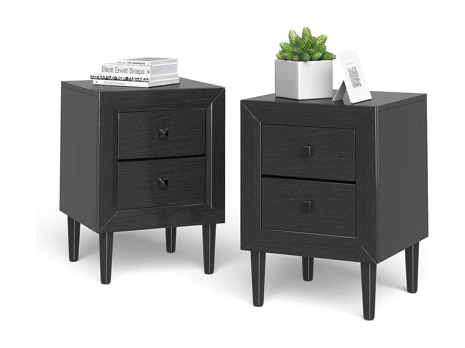 Lot de 2 Tables de Chevet Moderne avec 2 Tiroirs, 40 x 39,5 x 55 CM, avec Pieds en Bois Massif et Poignées, Noir
