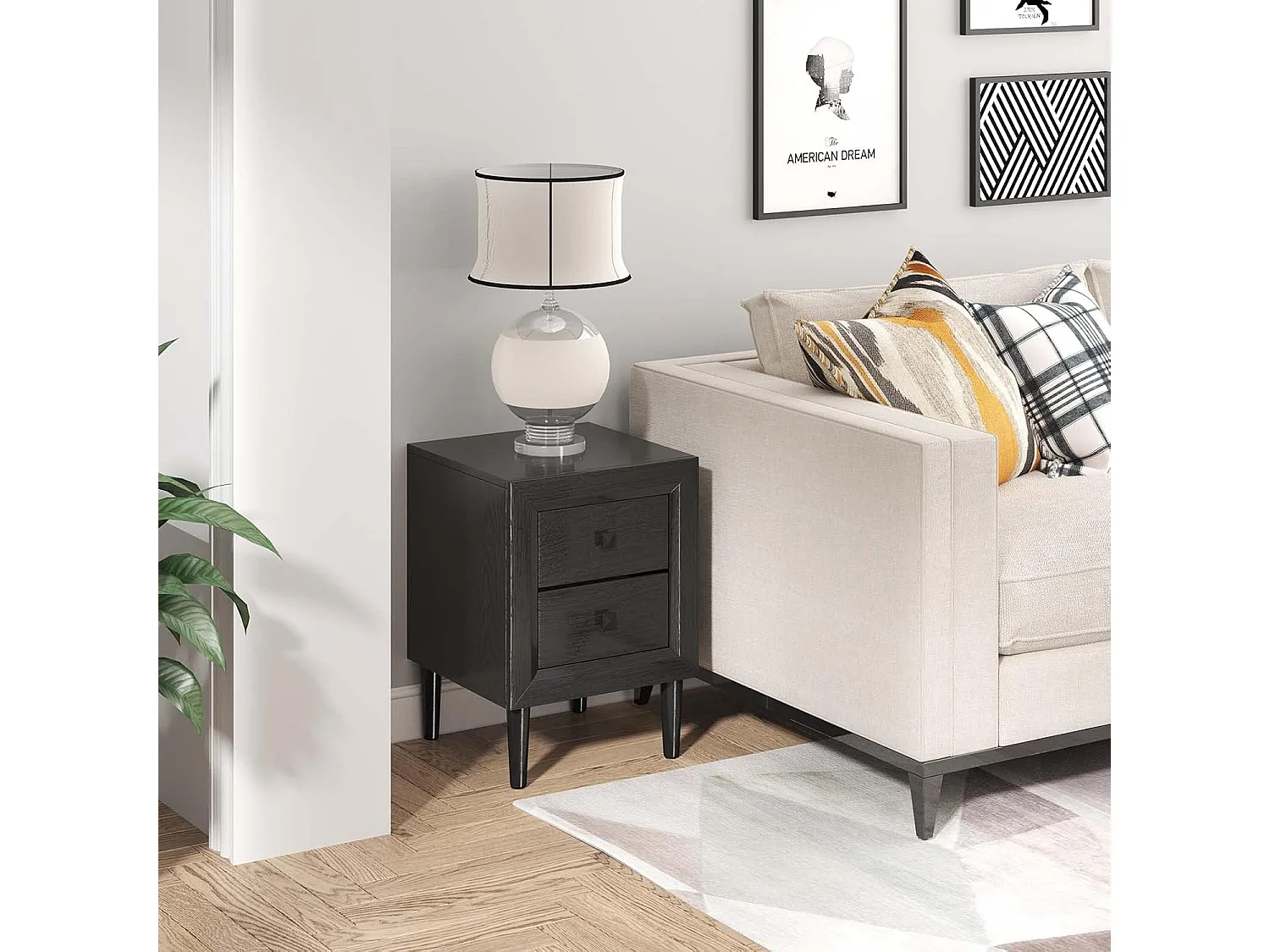 Lot de 2 Tables de Chevet Moderne avec 2 Tiroirs, 40 x 39,5 x 55 CM, avec Pieds en Bois Massif et Poignées, Noir