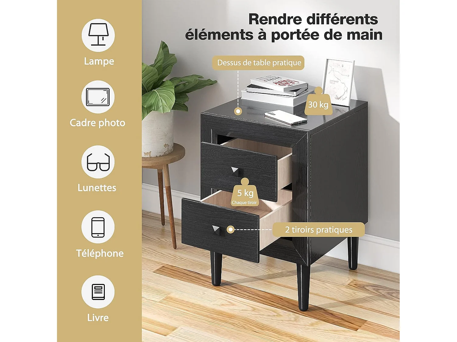 Lot de 2 Tables de Chevet Moderne avec 2 Tiroirs, 40 x 39,5 x 55 CM, avec Pieds en Bois Massif et Poignées, Noir