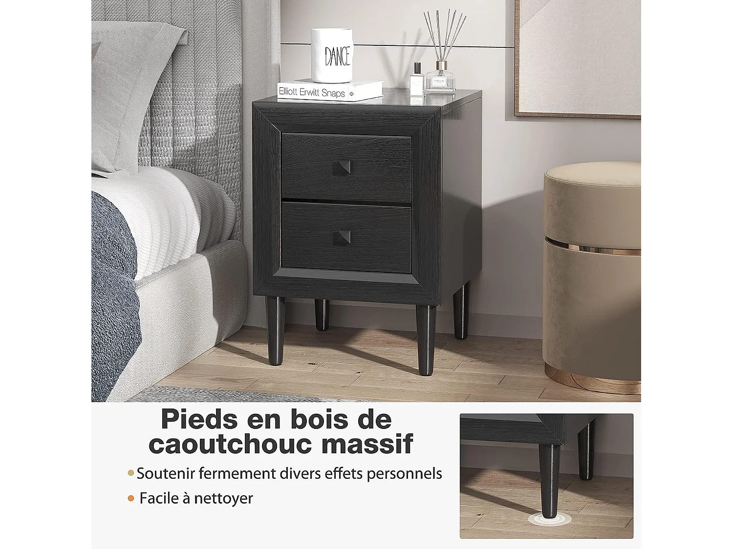 Lot de 2 Tables de Chevet Moderne avec 2 Tiroirs, 40 x 39,5 x 55 CM, avec Pieds en Bois Massif et Poignées, Noir