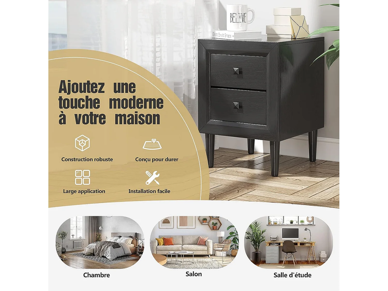 Lot de 2 Tables de Chevet Moderne avec 2 Tiroirs, 40 x 39,5 x 55 CM, avec Pieds en Bois Massif et Poignées, Noir