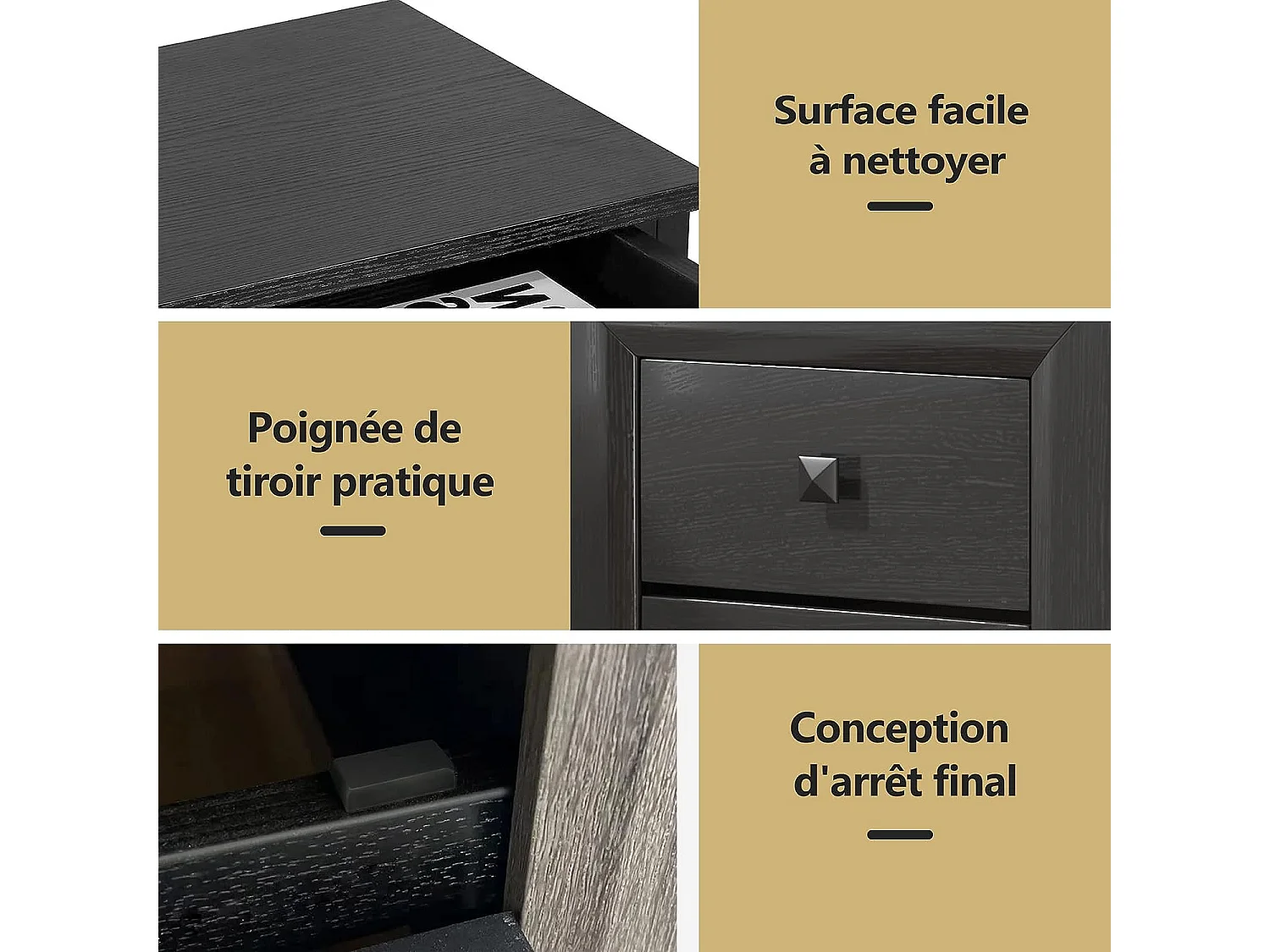 Lot de 2 Tables de Chevet Moderne avec 2 Tiroirs, 40 x 39,5 x 55 CM, avec Pieds en Bois Massif et Poignées, Noir