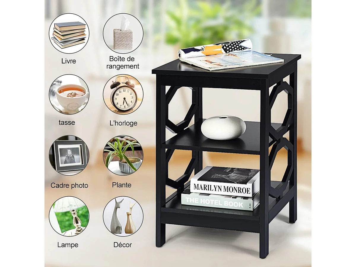 Table de Chevet à 3 Niveaux, Table d'Appoint Chevet, Table Basse Simple et Contemporain, pour Chambre, Salon 40x40x61cm, Noir