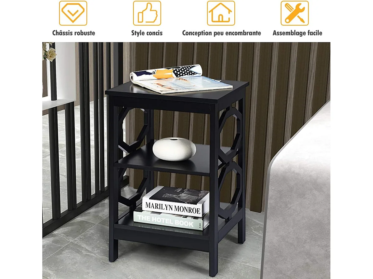 Table de Chevet à 3 Niveaux, Table d'Appoint Chevet, Table Basse Simple et Contemporain, pour Chambre, Salon 40x40x61cm, Noir