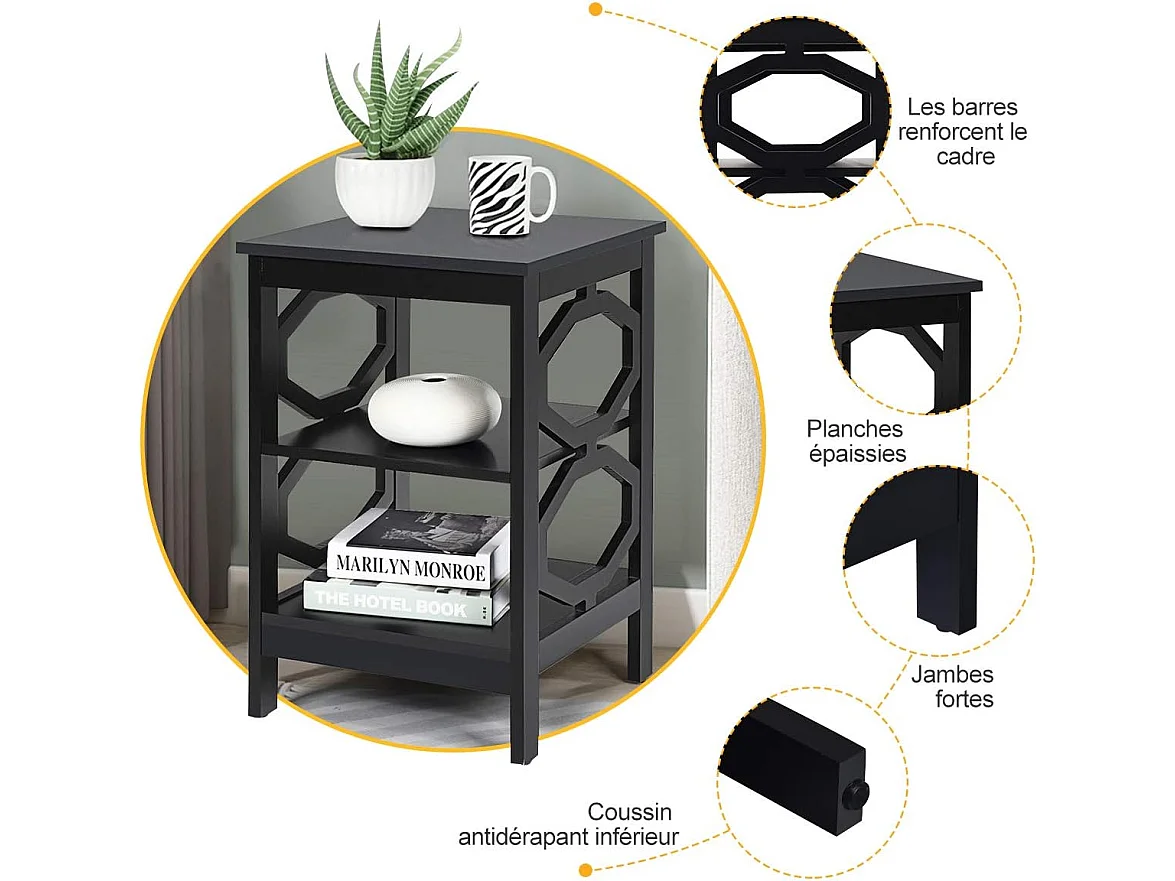 Table de Chevet à 3 Niveaux, Table d'Appoint Chevet, Table Basse Simple et Contemporain, pour Chambre, Salon 40x40x61cm, Noir