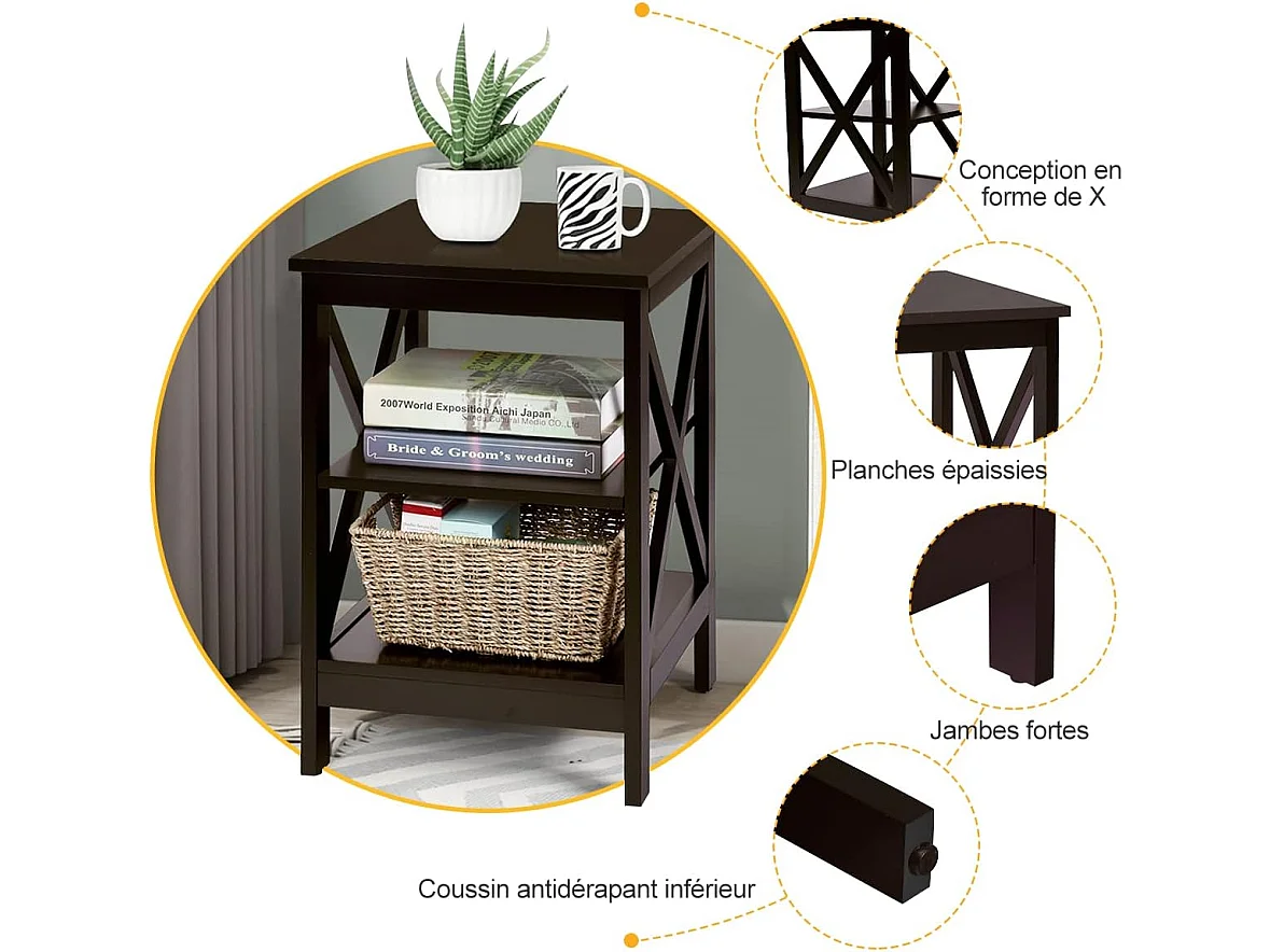 Lot de 2 Tables de Chevet, Tables de Nuit à 3 Niveaux en Forme de X, Structure Stable pour Chambre, Salon, Montage Facile