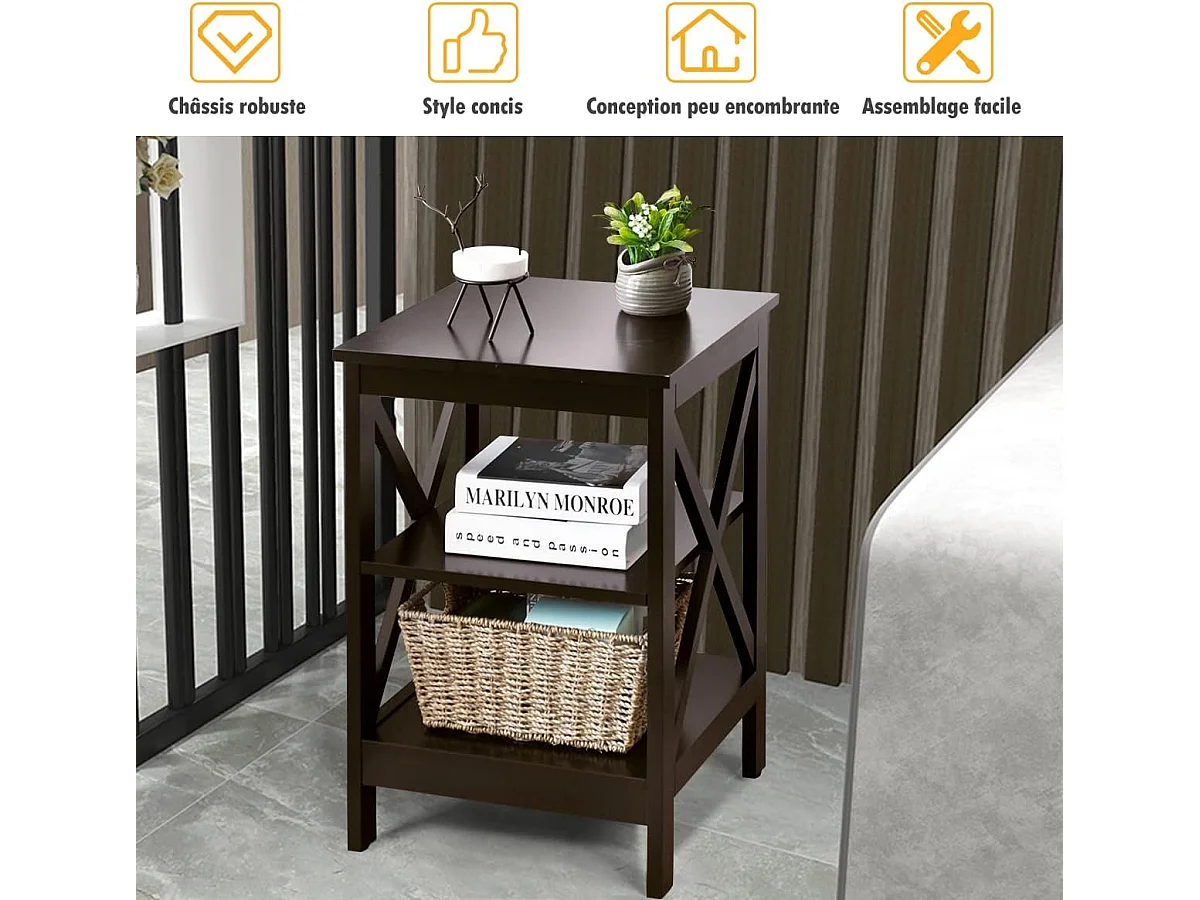 Lot de 2 Tables de Chevet, Tables de Nuit à 3 Niveaux en Forme de X, Structure Stable pour Chambre, Salon, Montage Facile