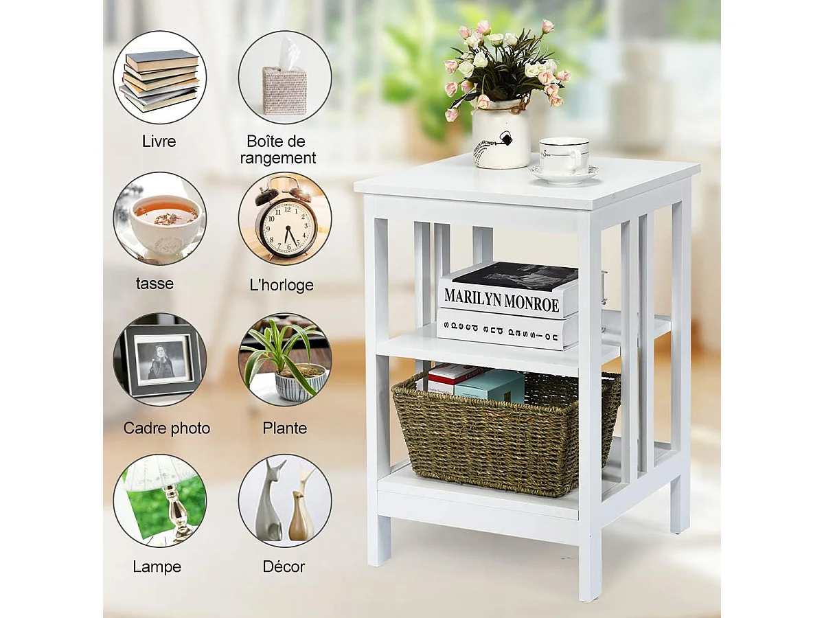 Table de Chevet à 3 Niveaux, Table d'Appoint Chevet, Table Basse Simple et Contemporain 40x40x61cm