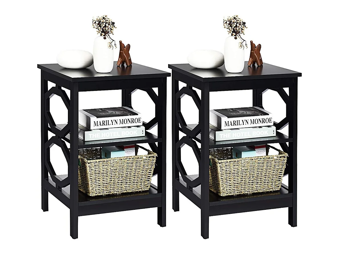 Lot de 2 Table de Chevet à 3 Niveaux, Table d'Appoint Chevet, Table Basse Simple et Contemporain, pour Chambre, Salon 40x40x61cm, Noir