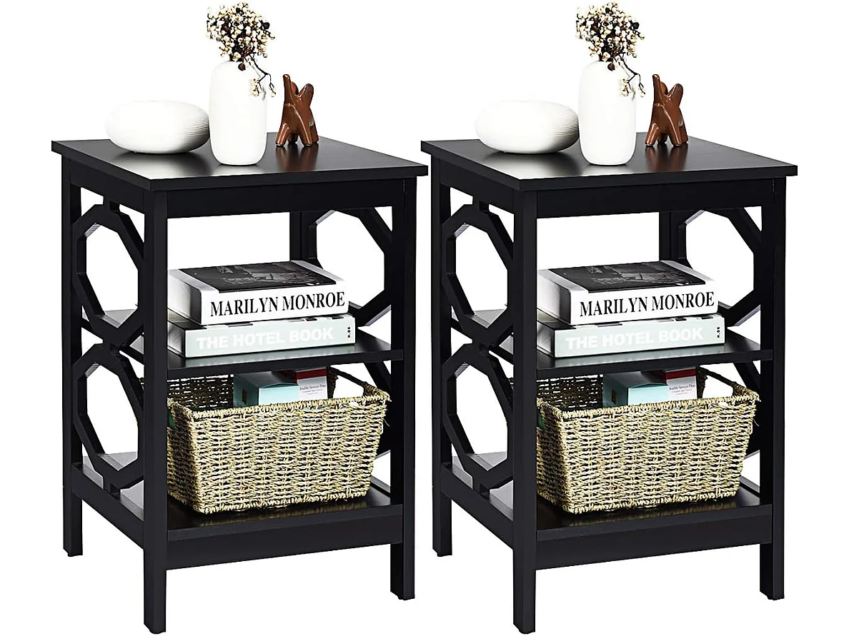 Lot de 2 Table de Chevet à 3 Niveaux, Table d'Appoint Chevet, Table Basse Simple et Contemporain, pour Chambre, Salon 40x40x61cm, Noir