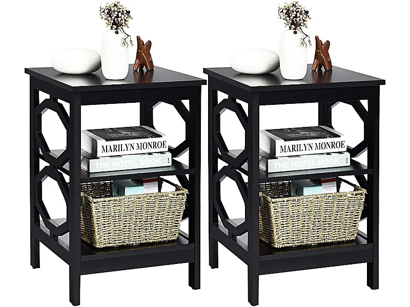 Lot de 2 Table de Chevet à 3 Niveaux, Table d'Appoint Chevet, Table Basse Simple et Contemporain, pour Chambre, Salon 40x40x61cm, Noir