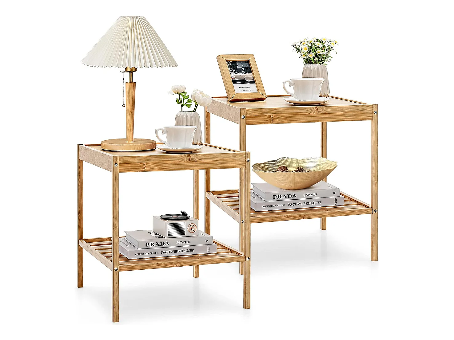 Tables de Chevet Lot de 2 en Bambou Table d’Appoint à 2 Niveaux Style Naturel Bout de Canapé pour Chambre Salon, 40 x 40 x 45 cm