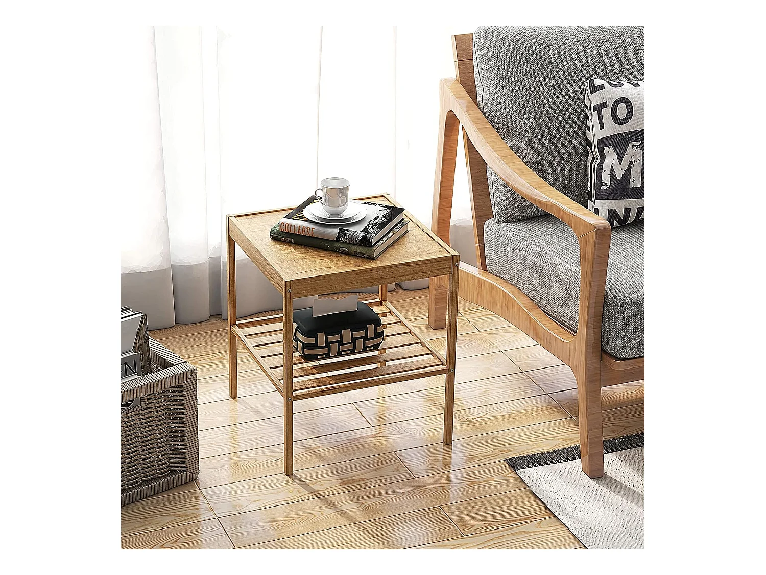 Tables de Chevet Lot de 2 en Bambou Table d’Appoint à 2 Niveaux Style Naturel Bout de Canapé pour Chambre Salon, 40 x 40 x 45 cm
