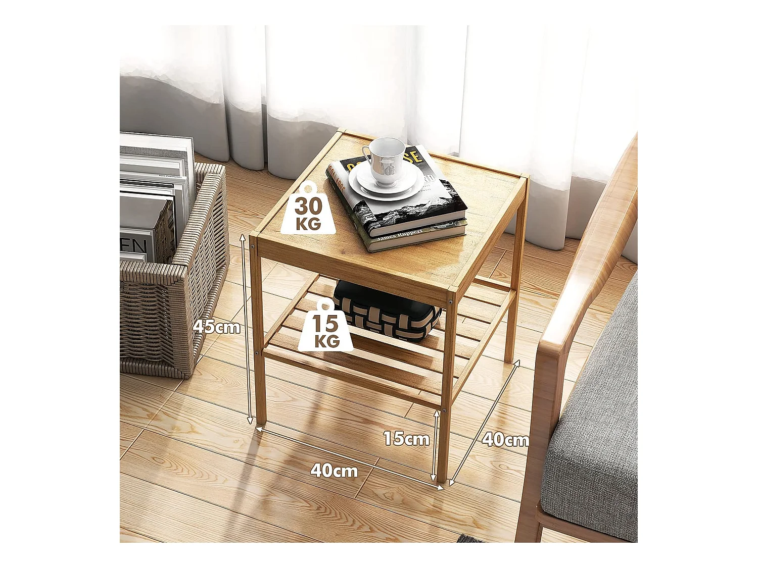 Tables de Chevet Lot de 2 en Bambou Table d’Appoint à 2 Niveaux Style Naturel Bout de Canapé pour Chambre Salon, 40 x 40 x 45 cm
