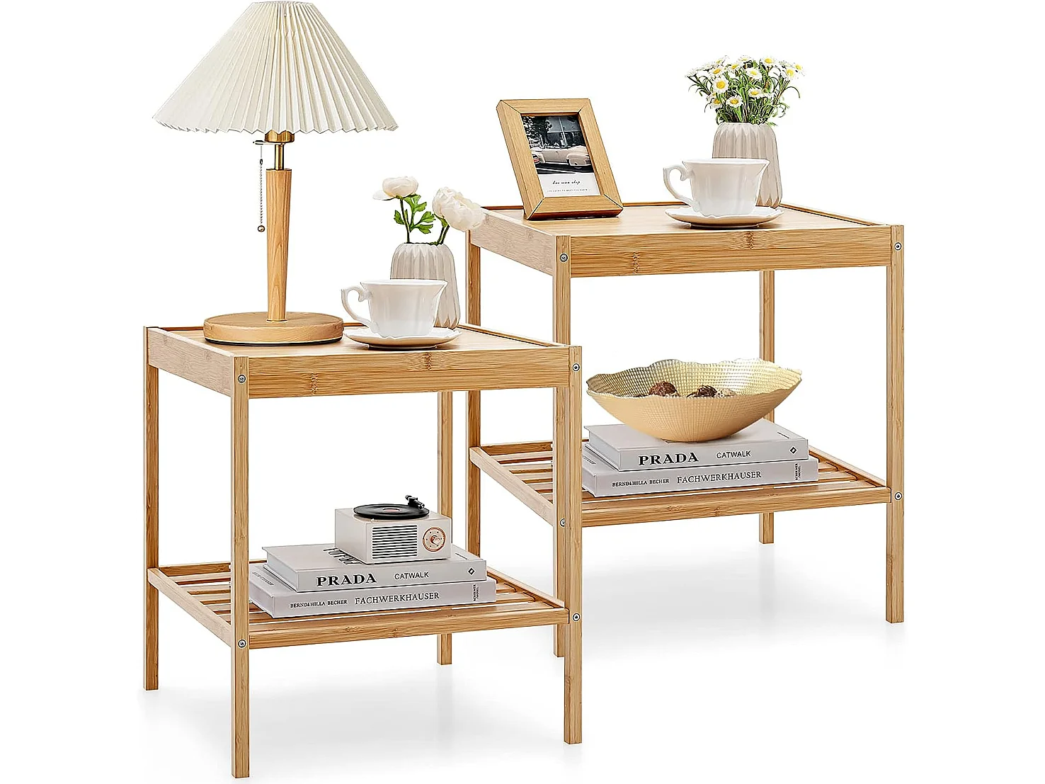 Tables de Chevet Lot de 2 en Bambou Table d’Appoint à 2 Niveaux Style Naturel Bout de Canapé pour Chambre Salon, 40 x 40 x 45 cm