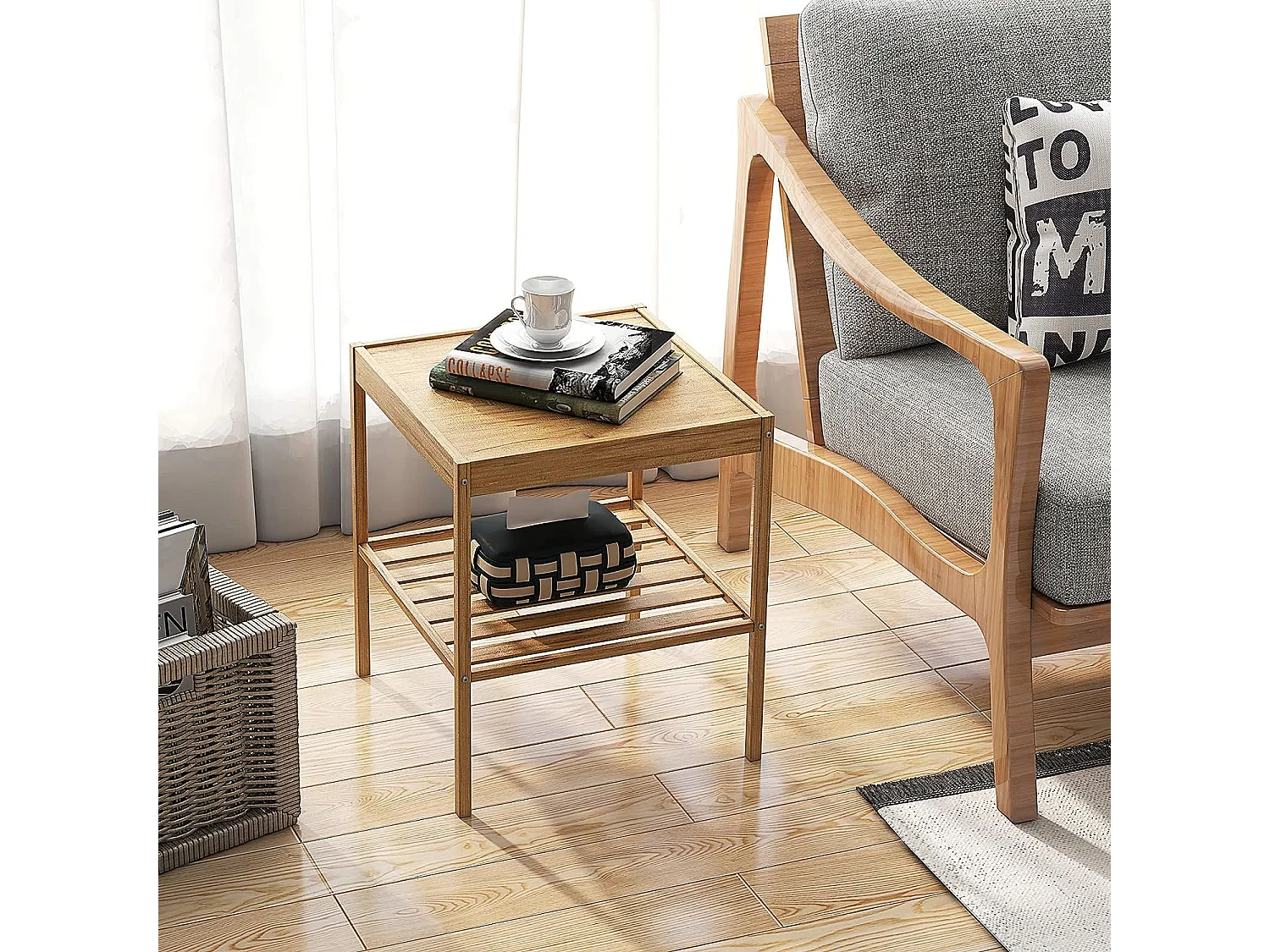 Tables de Chevet Lot de 2 en Bambou Table d’Appoint à 2 Niveaux Style Naturel Bout de Canapé pour Chambre Salon, 40 x 40 x 45 cm