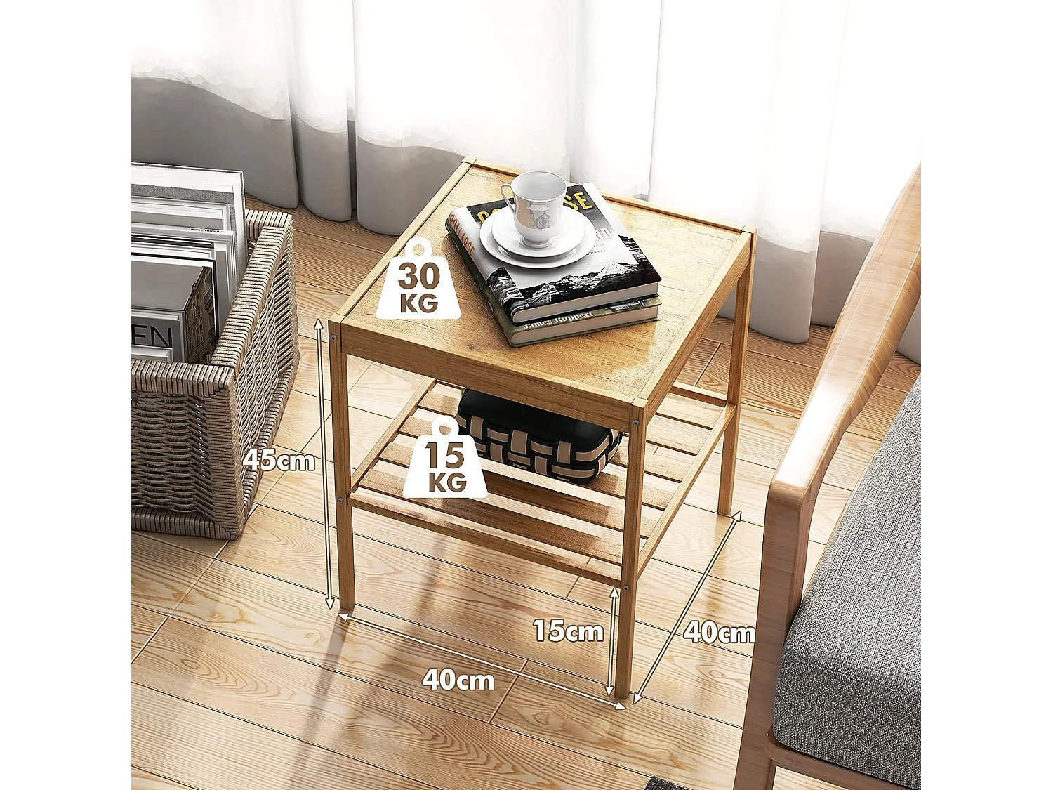 Tables de Chevet Lot de 2 en Bambou Table d’Appoint à 2 Niveaux Style Naturel Bout de Canapé pour Chambre Salon, 40 x 40 x 45 cm