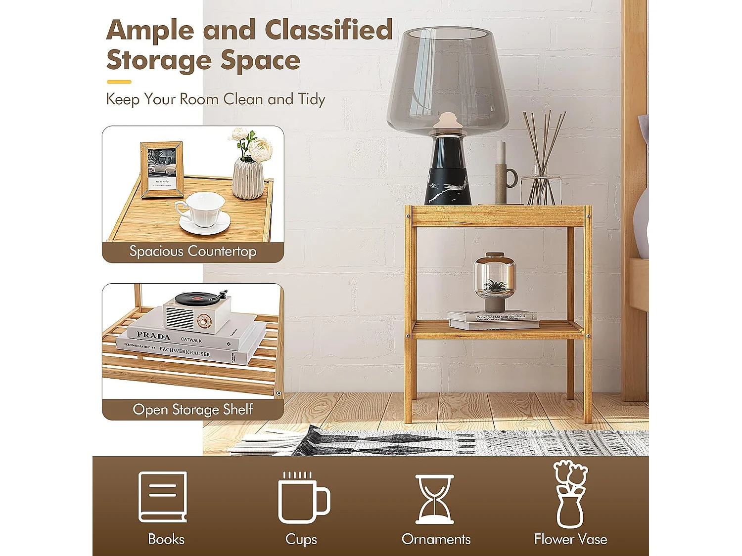 Tables de Chevet Lot de 2 en Bambou Table d’Appoint à 2 Niveaux Style Naturel Bout de Canapé pour Chambre Salon, 40 x 40 x 45 cm