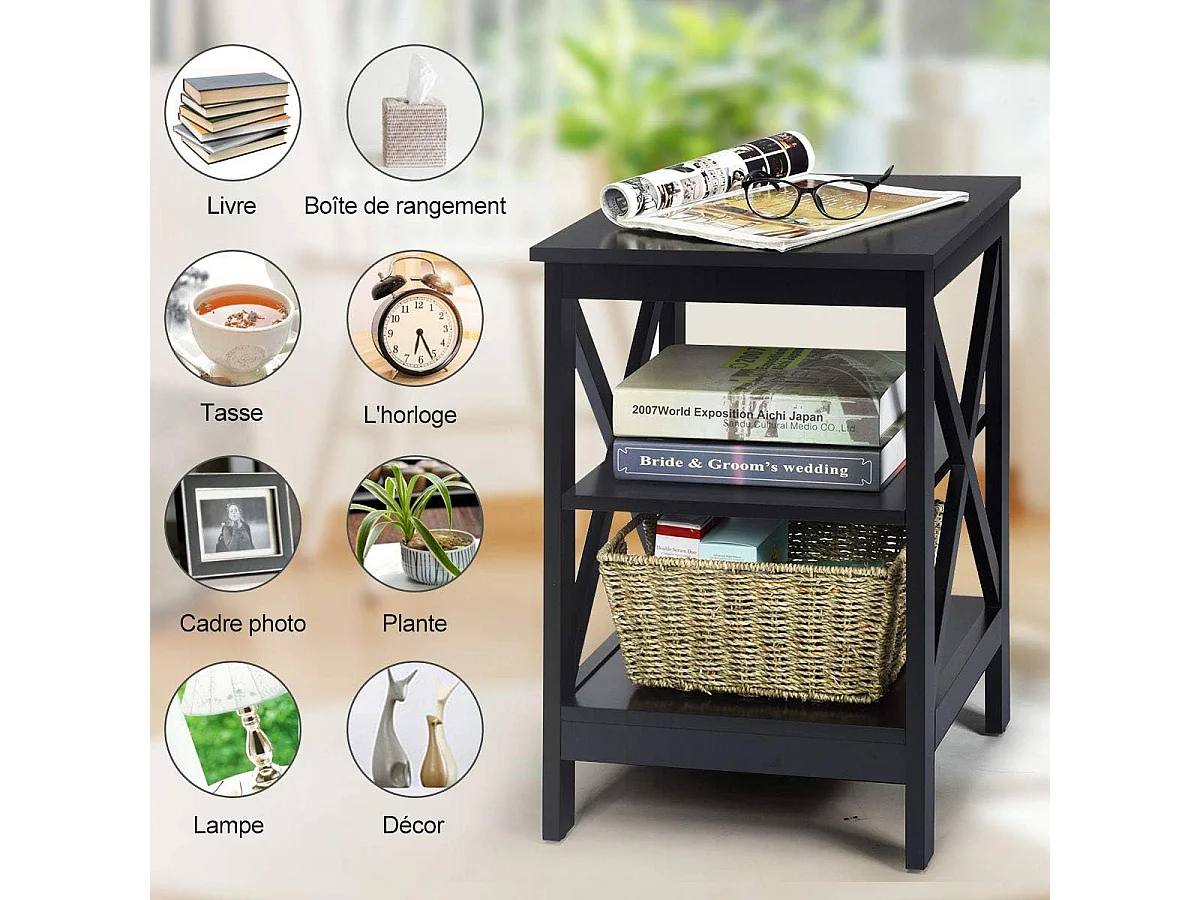 Table de Chevet à 3 Niveaux, Table d'Appoint Chevet, Table Basse Simple et Contemporain,40x40x61cm