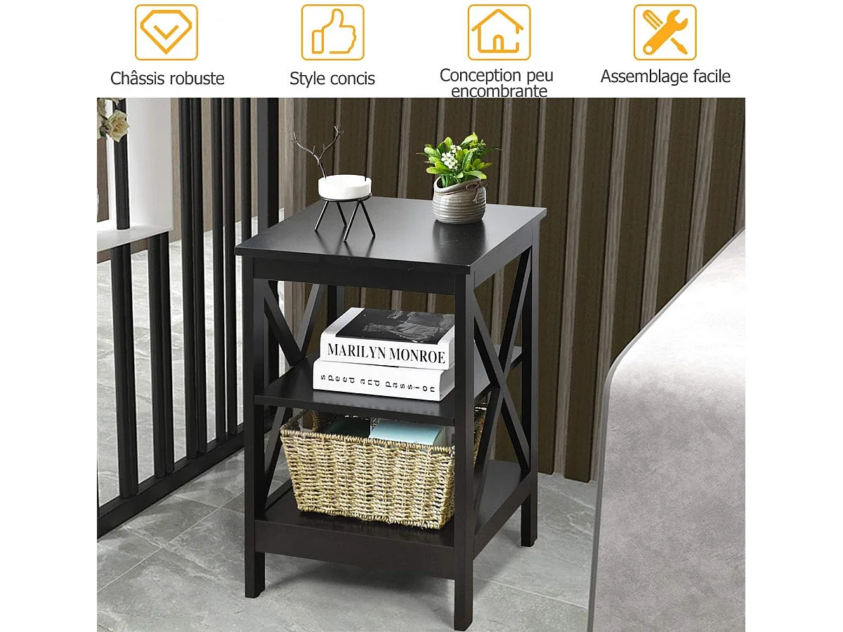 Table de Chevet à 3 Niveaux, Table d'Appoint Chevet, Table Basse Simple et Contemporain,40x40x61cm