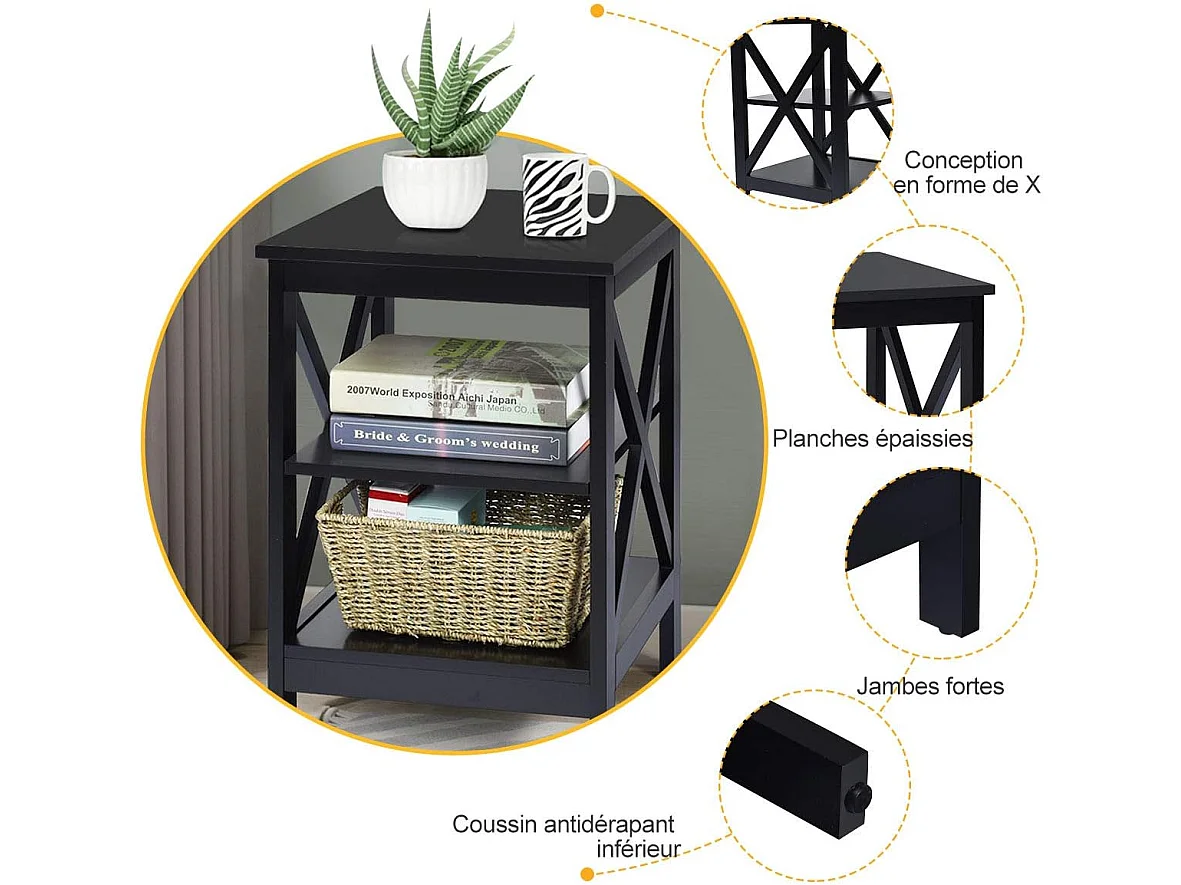 Table de Chevet à 3 Niveaux, Table d'Appoint Chevet, Table Basse Simple et Contemporain,40x40x61cm