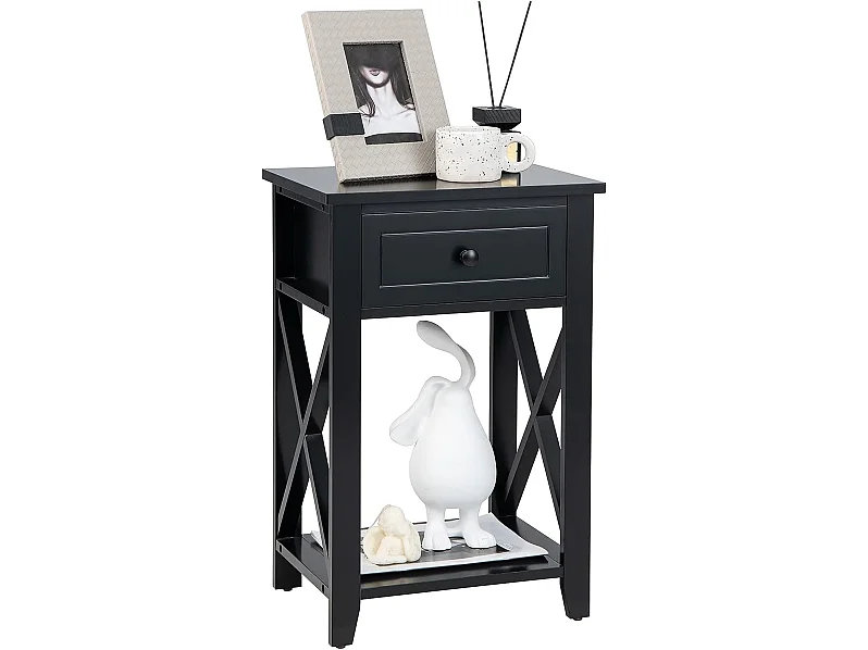 Table de Chevet avec Tiroir et Étagère Ouverte, Table de Nuit Table d'Appoint Poignée en Métal pour Salon, Chambre, Bureau, Appartement, 40x30x61,5cm (Noir)