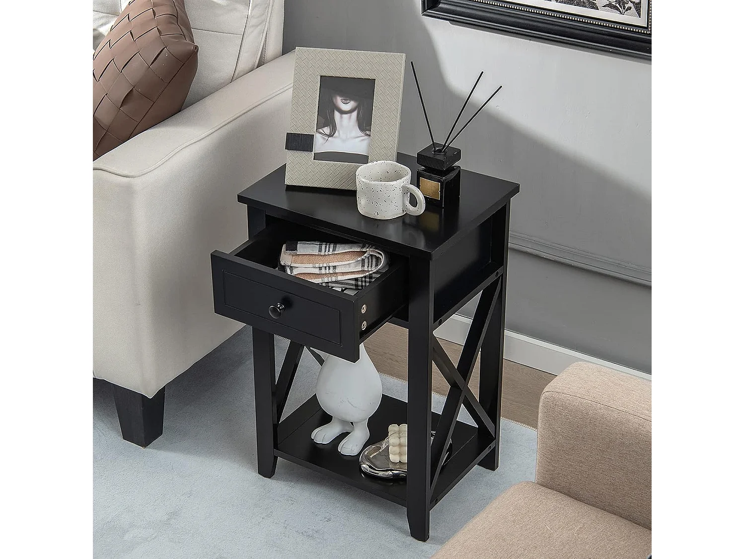 Table de Chevet avec Tiroir et Étagère Ouverte, Table de Nuit Table d'Appoint Poignée en Métal pour Salon, Chambre, Bureau, Appartement, 40x30x61,5cm (Noir)