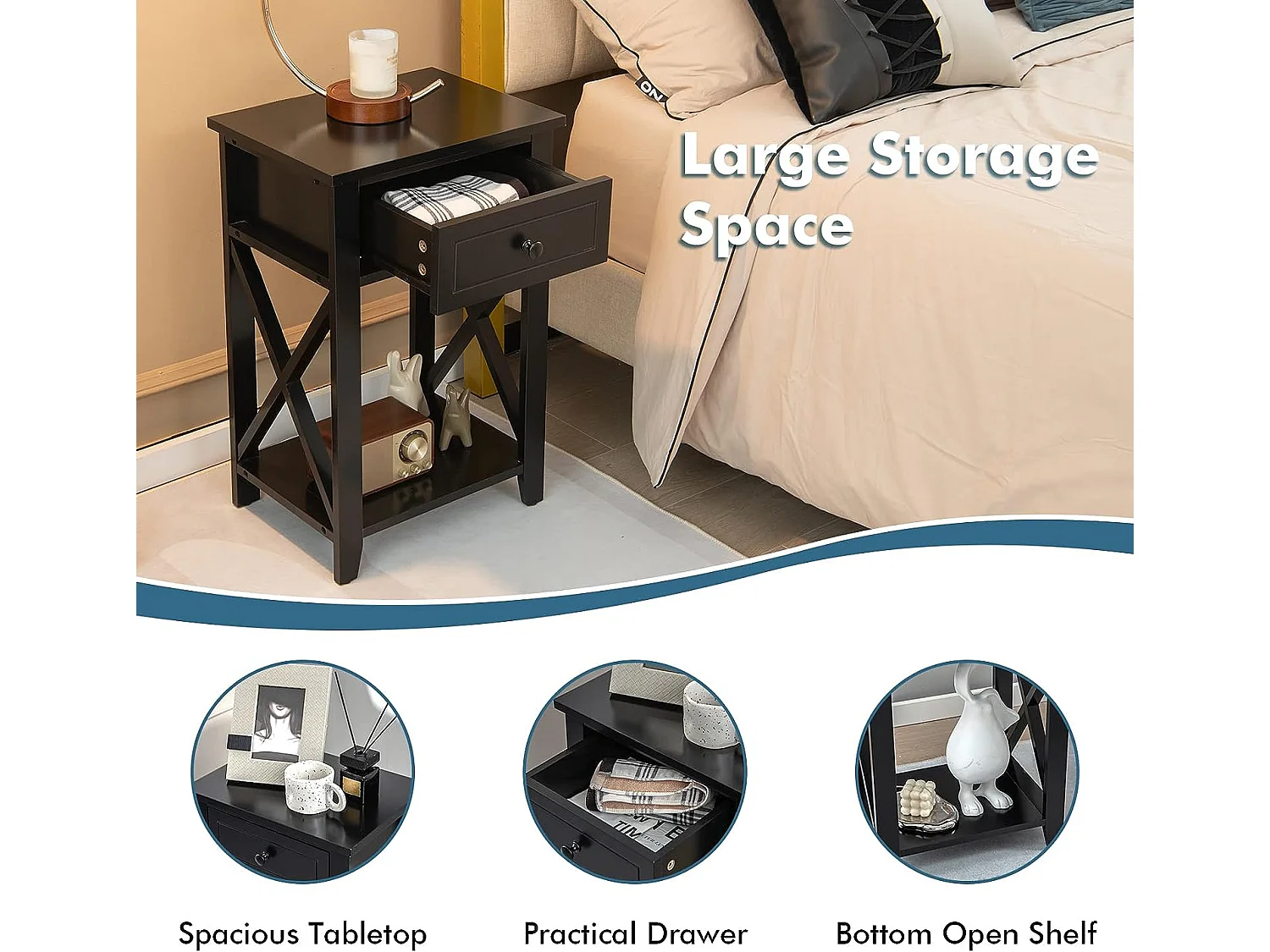 Table de Chevet avec Tiroir et Étagère Ouverte, Table de Nuit Table d'Appoint Poignée en Métal pour Salon, Chambre, Bureau, Appartement, 40x30x61,5cm (Noir)